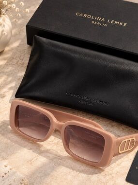 New Carolina Lemke nude Rectangular Sunglasses with Gold Accent